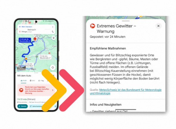 Google Maps zeigt dir Gewitterzellen auf deinem Weg an.