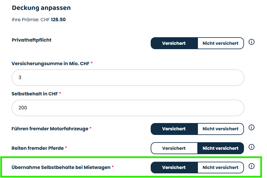 Privathaftpflicht: Übernahme Selbstbehalte bei Mietwagen