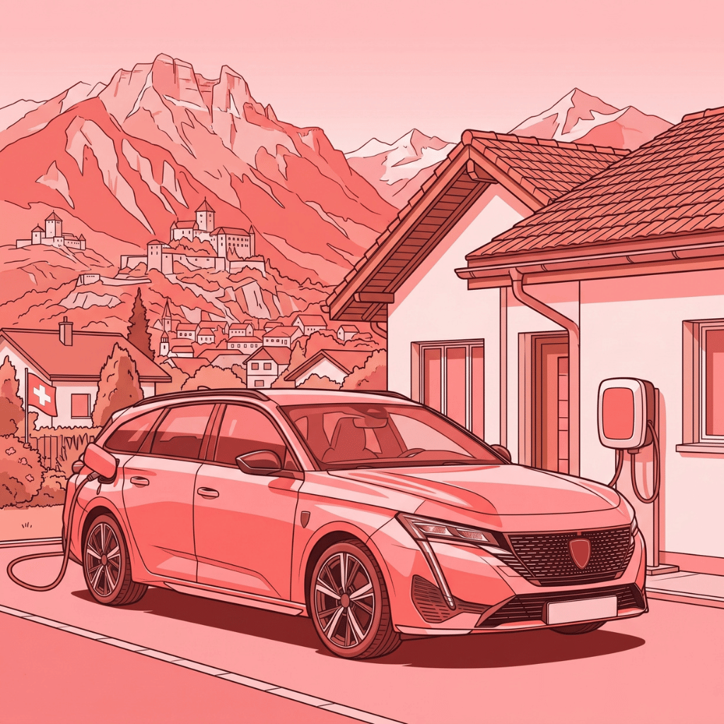Der vollelektrische Peugeot e-308 SW lädt an einer Wallbox in der Schweiz – perfekt abgesichert mit simpego.